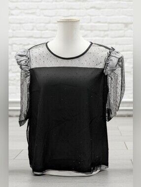 DKNY Black Sheer Dot Mesh Puff Sleeve Top - Size XL